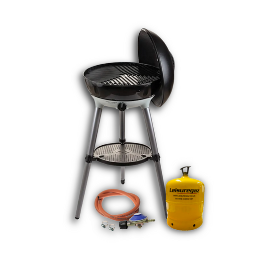 Portable gas grill with hose and Leisuregaz canister on a white background