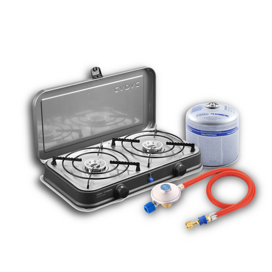 Cadac camping stove and gas regulator with a gas cartridge.