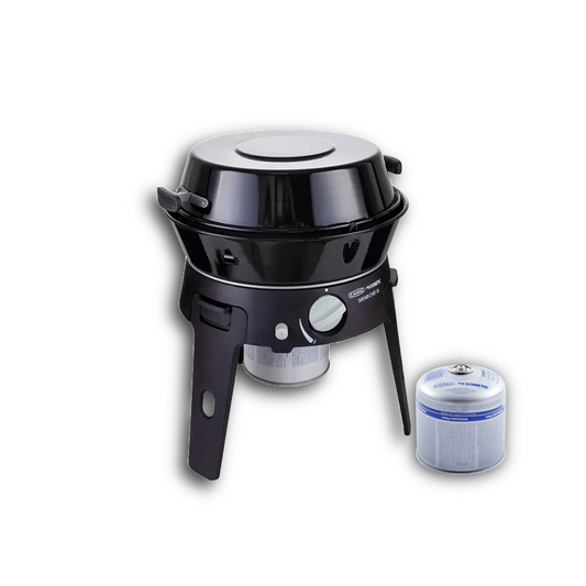 Black portable stove with two fuel canisters