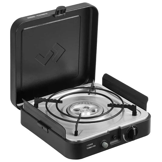 Portable gas stove with a black lid