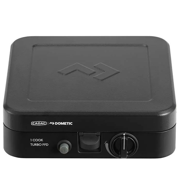 Black portable stove with Cadac and Dometic branding