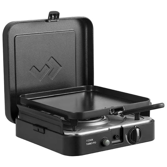 Black portable stove with grill top