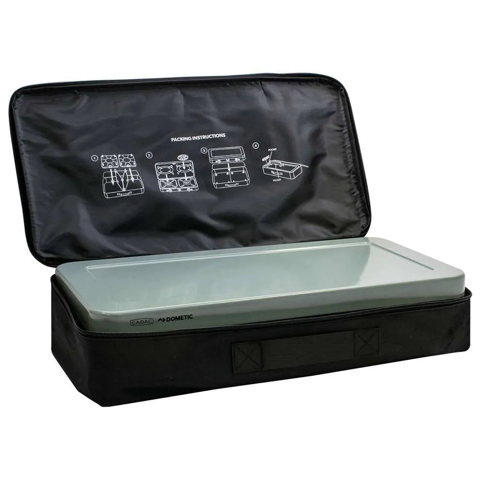 Black carrying case with a gray lid featuring Dometic branding on a white background