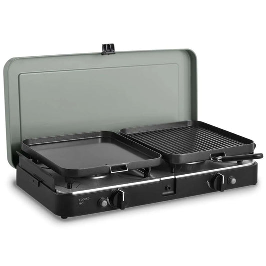 Portable grill with two cooking surfaces on a white background
