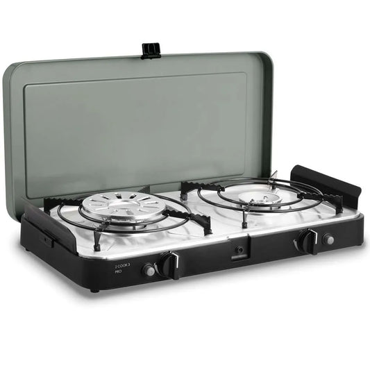Portable gas stove with two burners on a white background