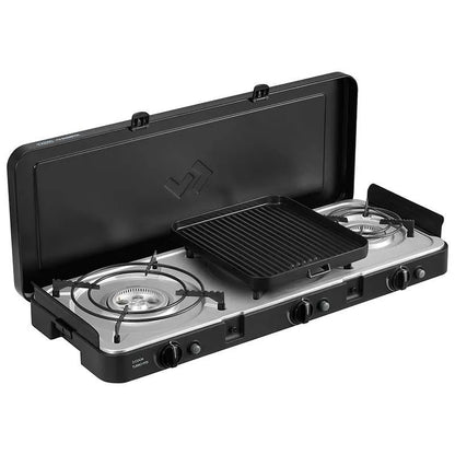 Portable gas stove with two burners and a grill