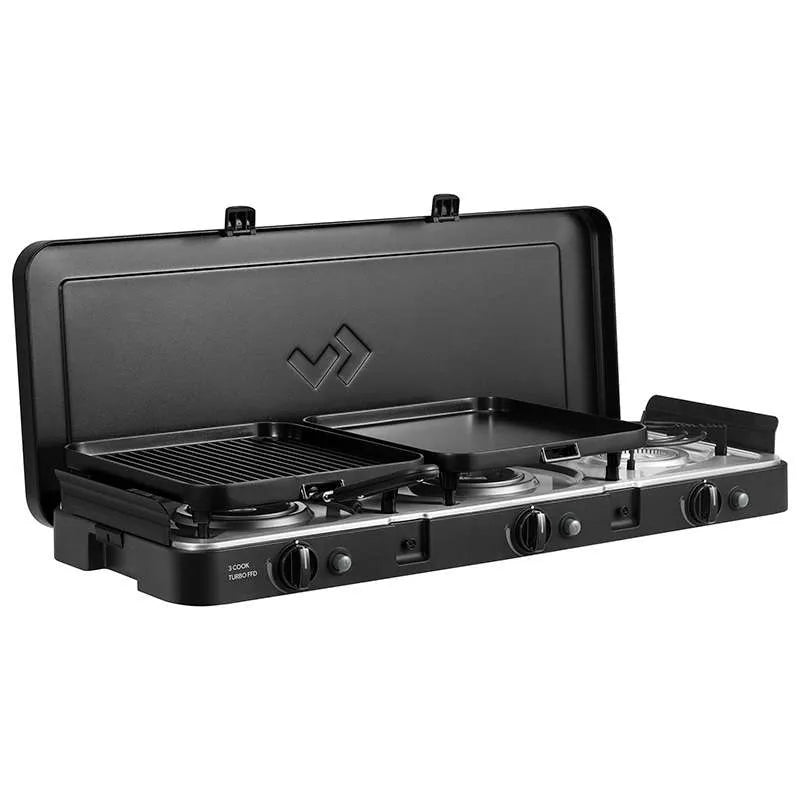 Black portable stove with three burners