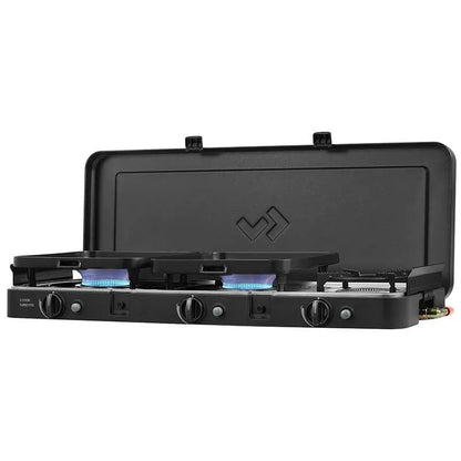 Black portable gas stove with two burners on