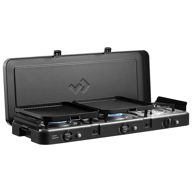 Black portable gas stove with two cooking surfaces