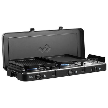 Black portable gas stove with two cooking surfaces