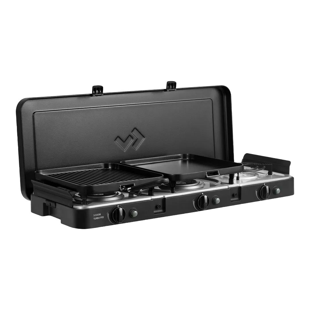 Black camping stove with three burners and a grill
