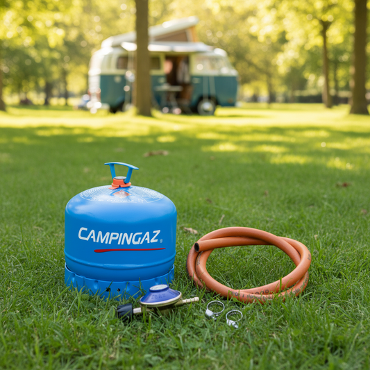 A Campingaz blue camping gas cylinder with an orange hose, a gas regulator, and two metal clips.
