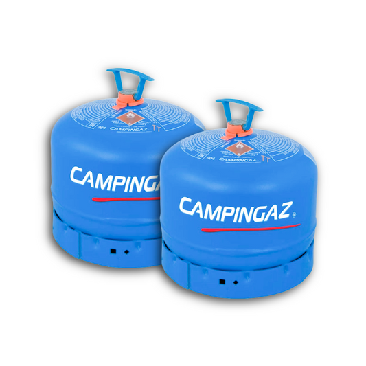 Two blue Campingaz portable gas cylinders with blue handles.