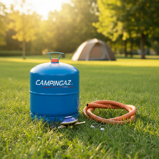 A blue Campingaz propane tank with an orange hose and a small regulator with two metal clamps, shown on a camping site.