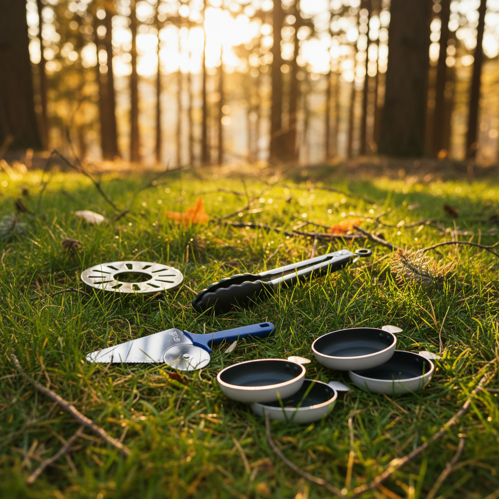Set of cookware items including tapas dishes, tongs, a pizza cutter and coffee pot stand