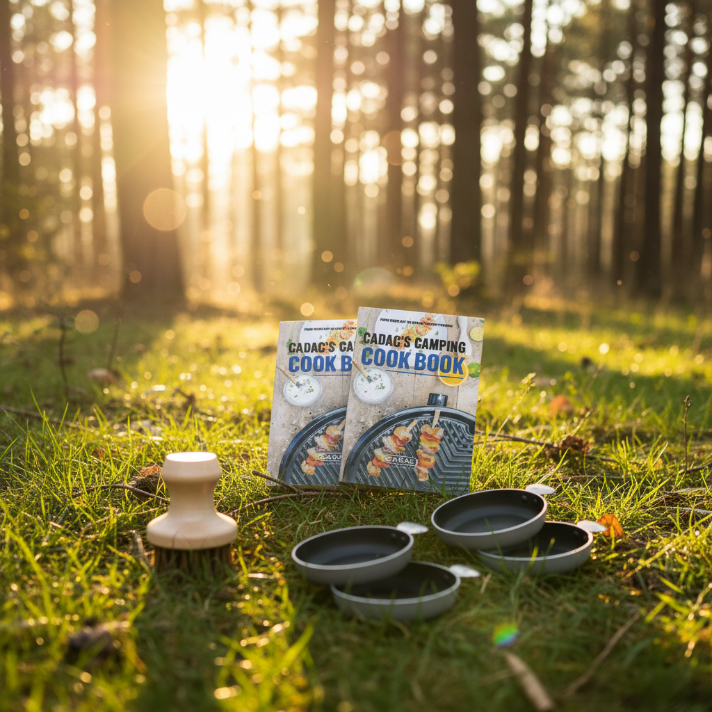 Set of camping cookware with a cookbook, a GreenGrill brush four and tapas dishes