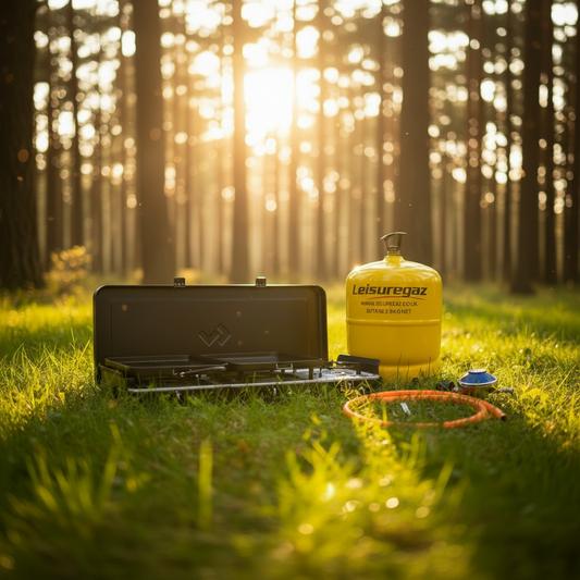 Camping stove with Leisuregaz gas cylinder and hose