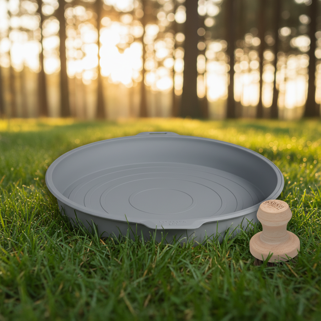 A grey round silicone wash basin with a small wooden-handled brush with dark bristles.