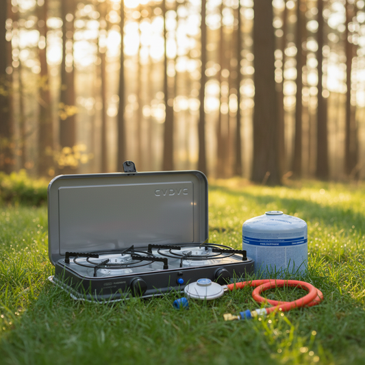 Portable gas stove with accessories on a camping trip in a grassy woodland area. 