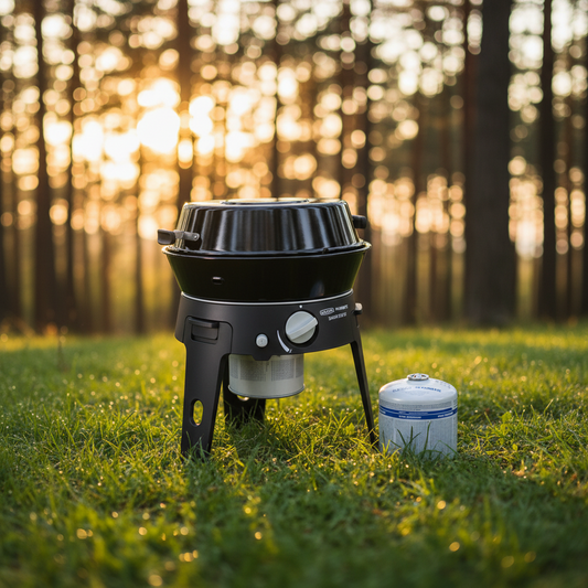 Black portable stove with two fuel canisters