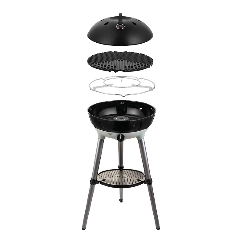 Black portable grill with components on a white background