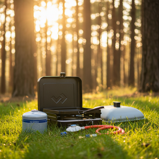 Portable gas stove with accessories on a white background