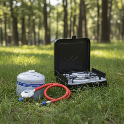 Portable camping stove with gas canister and hose