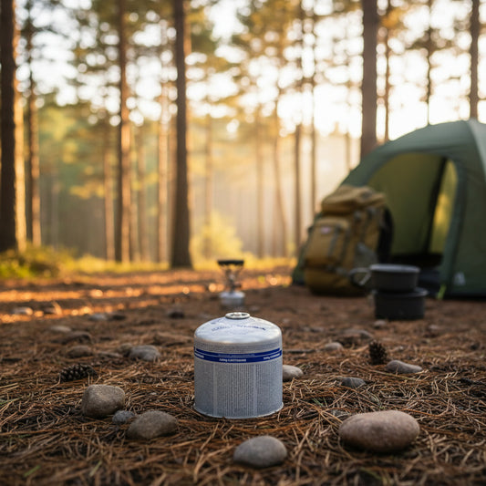 Dometic gas cartridge on a campsite