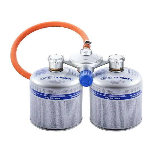 Two gas cartridges with a dual regulator
