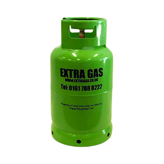 Green patio gas cylinder with 'Extra Gas' branding