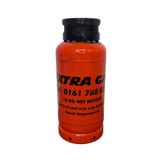 Red gas canister with black text on a white background