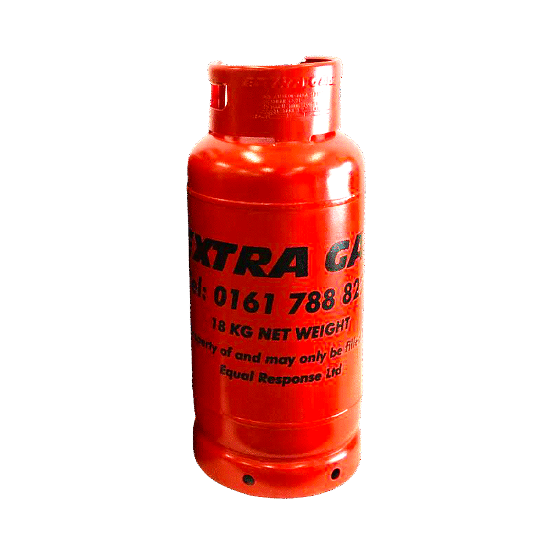 Red propane tank with 'Extra Gas' branding