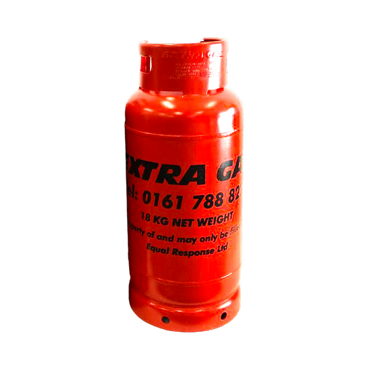 Red propane tank with 'Extra Gas' branding