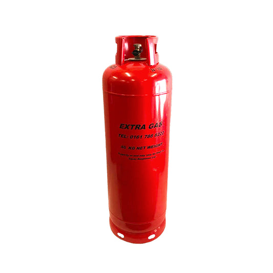 Red propane gas cylinder labelled 'Extra Gas'