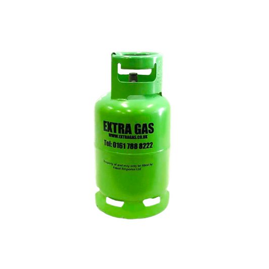 Green patio gas cylinder with 'Extra Gas' branding
