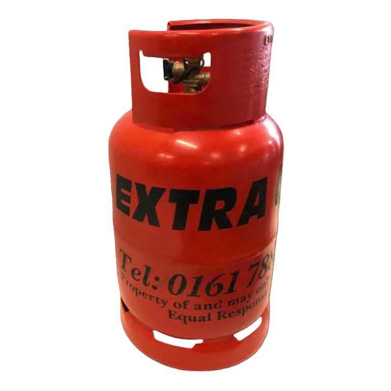 Red propane tank with 'Extra' branding