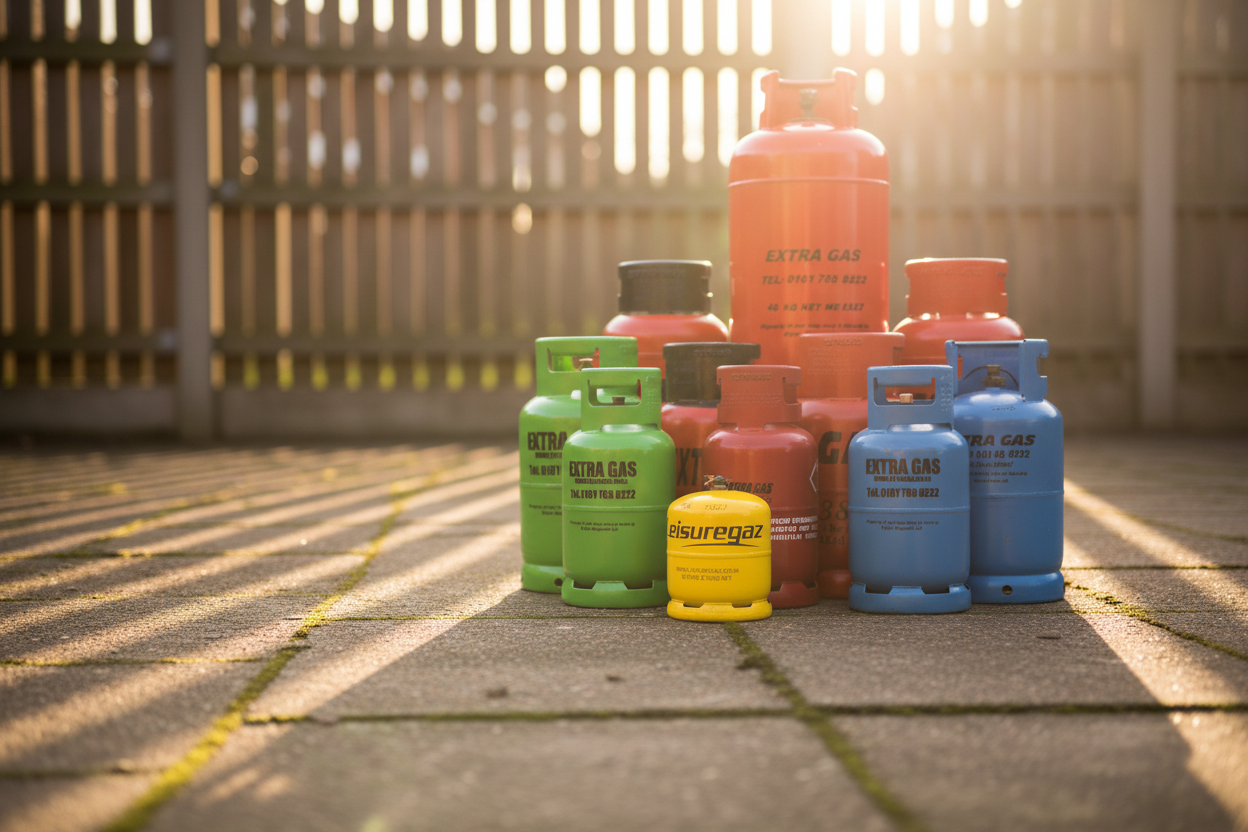 Collection of colorful gas cylinders with 'Extra Gas' branding