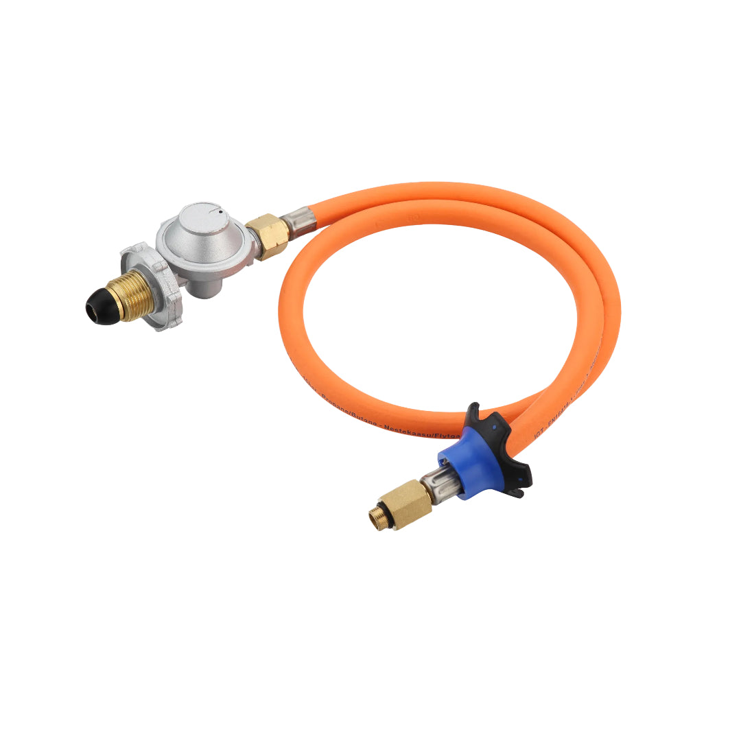 Gas regulator with orange hose and blue nozzle on a white background