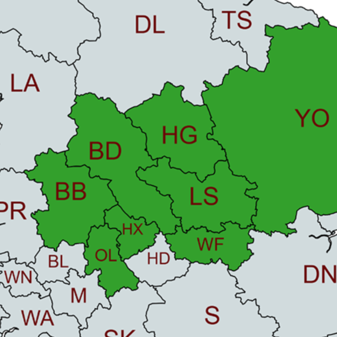 A map-style graphic showing several green outlined regions labeled with abbreviations such as BD, HG, LS, OL, WF, YO, along with other pale gray regions labeled LA, TS, DL, PR, WN, BL, M, HD, S, and DN.