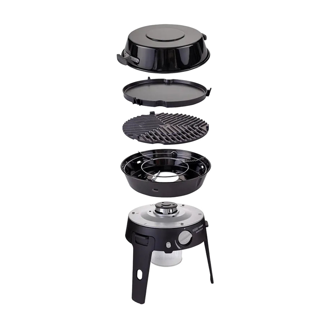 Portable camping stove with detachable parts on a white background