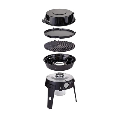 Portable camping stove with detachable parts on a white background