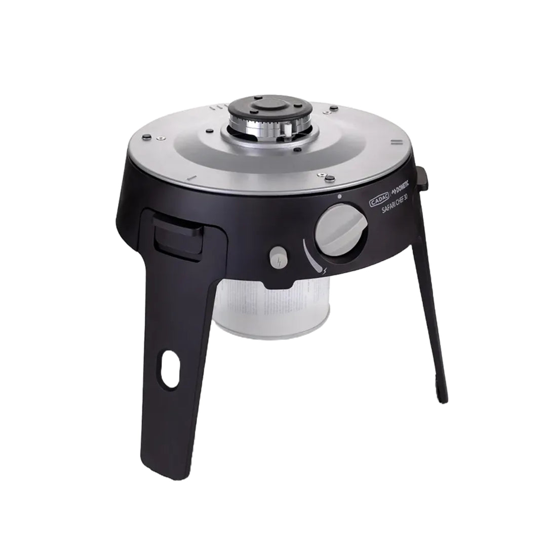 Black and silver camping stove on a white background