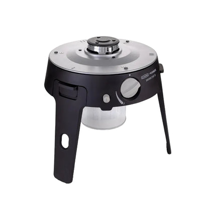 Black and silver camping stove on a white background