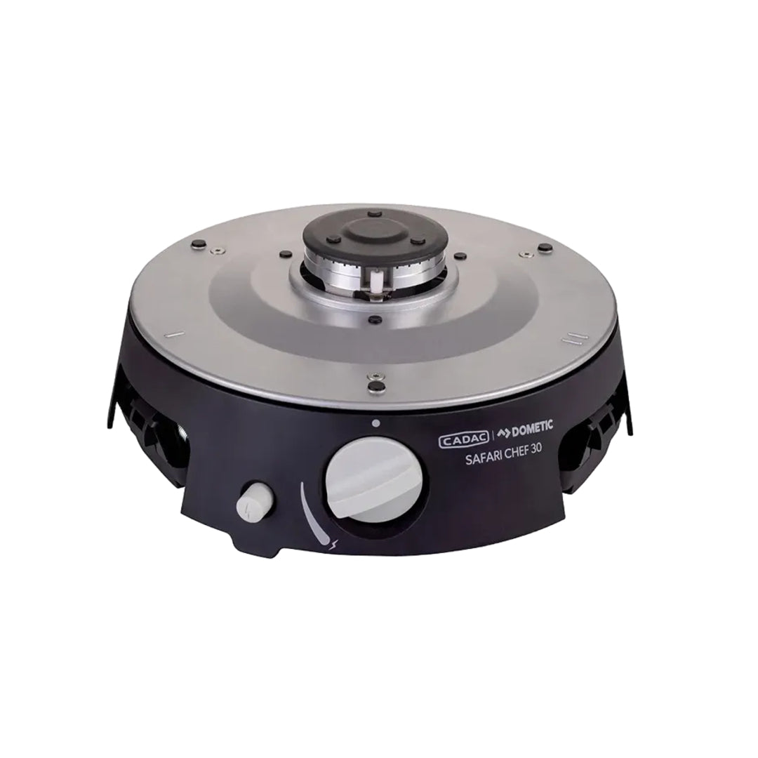 Camping stove with 'Cadar Dometic Safari Chef 30' branding on a white background