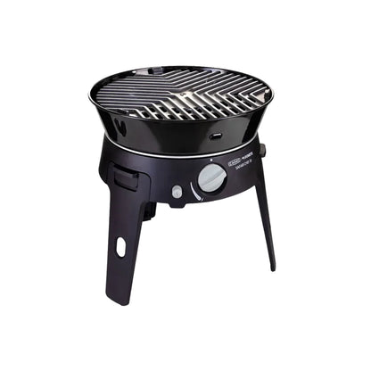 Black portable grill on a white background
