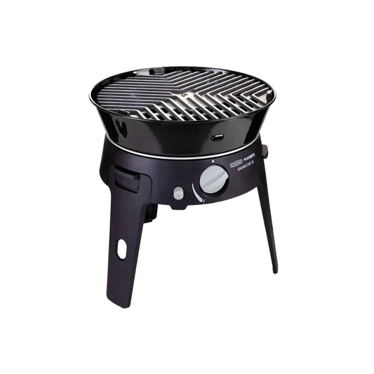 Black portable grill on a white background