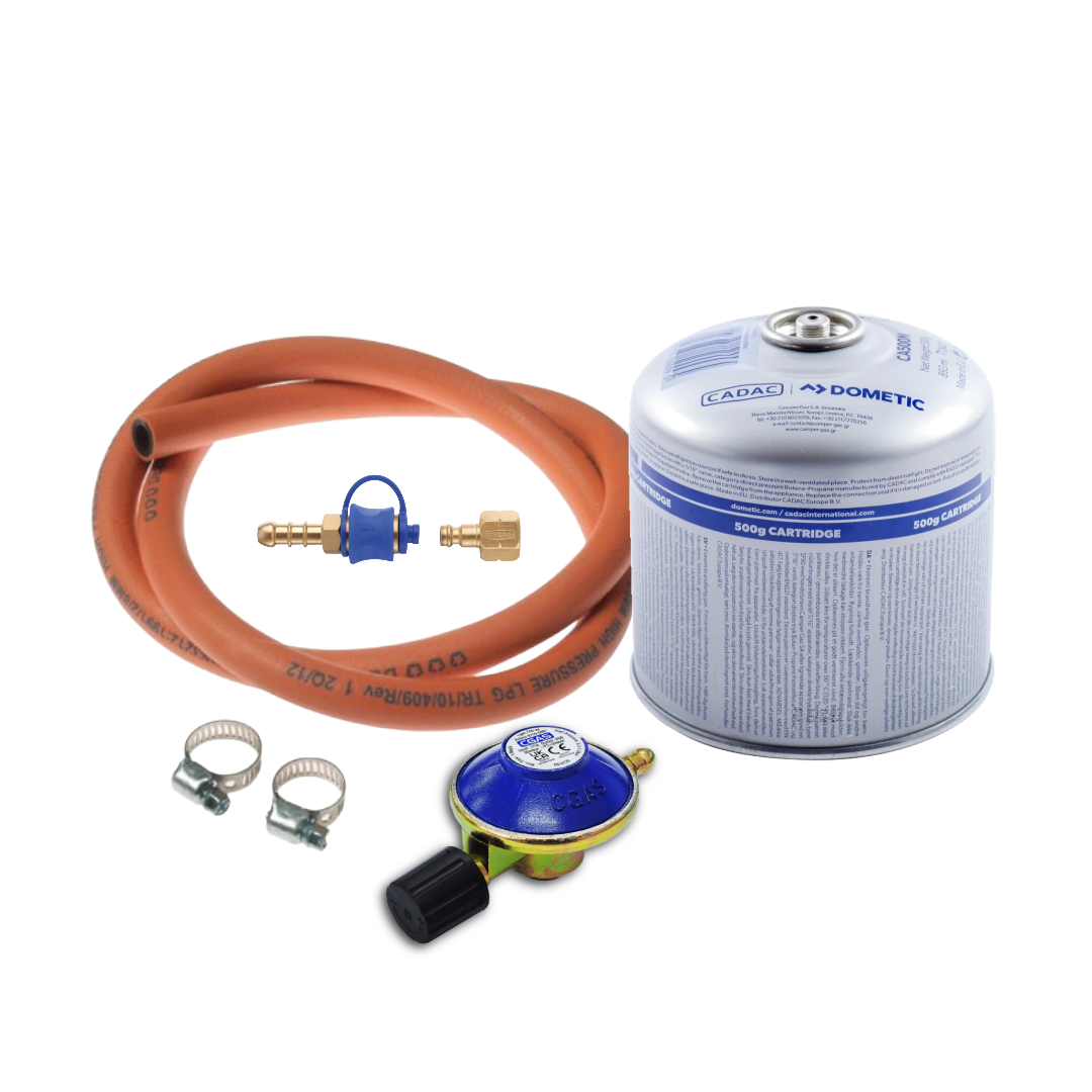 Cadac Threaded Valve Gas Cartridge Kit – QR Coupling, Gas Hose, Clips & Regulator