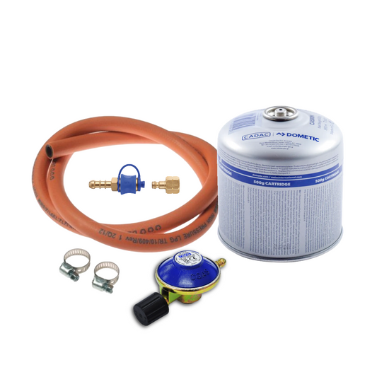 Cadac Threaded Valve Gas Cartridge Kit – QR Coupling, Gas Hose, Clips & Regulator