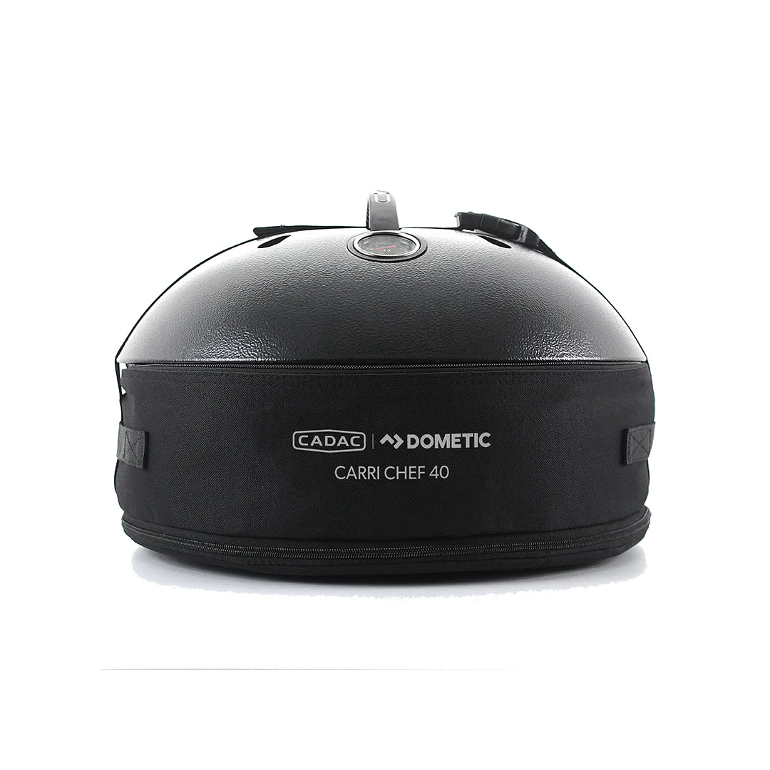 Black barbecue grill with 'Cadac Dometic' branding on a white background