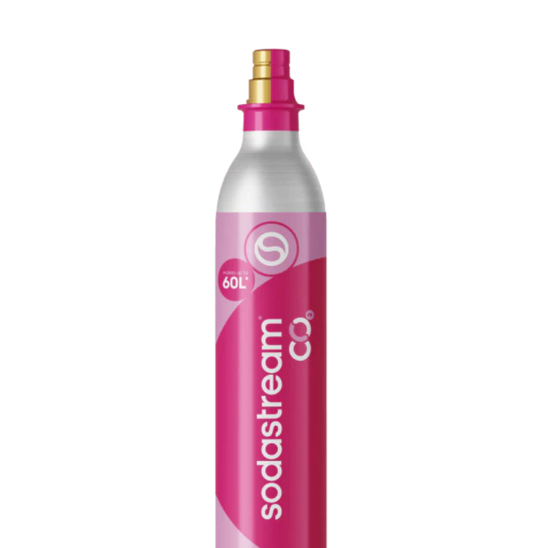 Sodastream CO2 canister with pink top on a white background